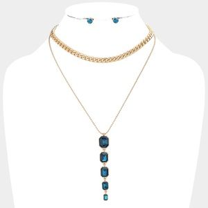 Blue emerald cut stone link layered necklace